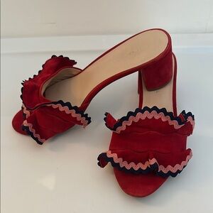 Loeffler Randall Red and Pink Mules with Ruffle Detail